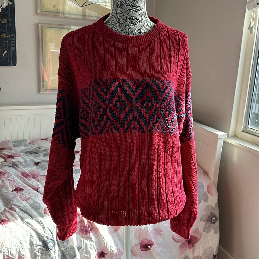 Eddie Bauer Vtg USA Made Medium Red Heavy Cotton Knit Fair Isle Pullover Sweater